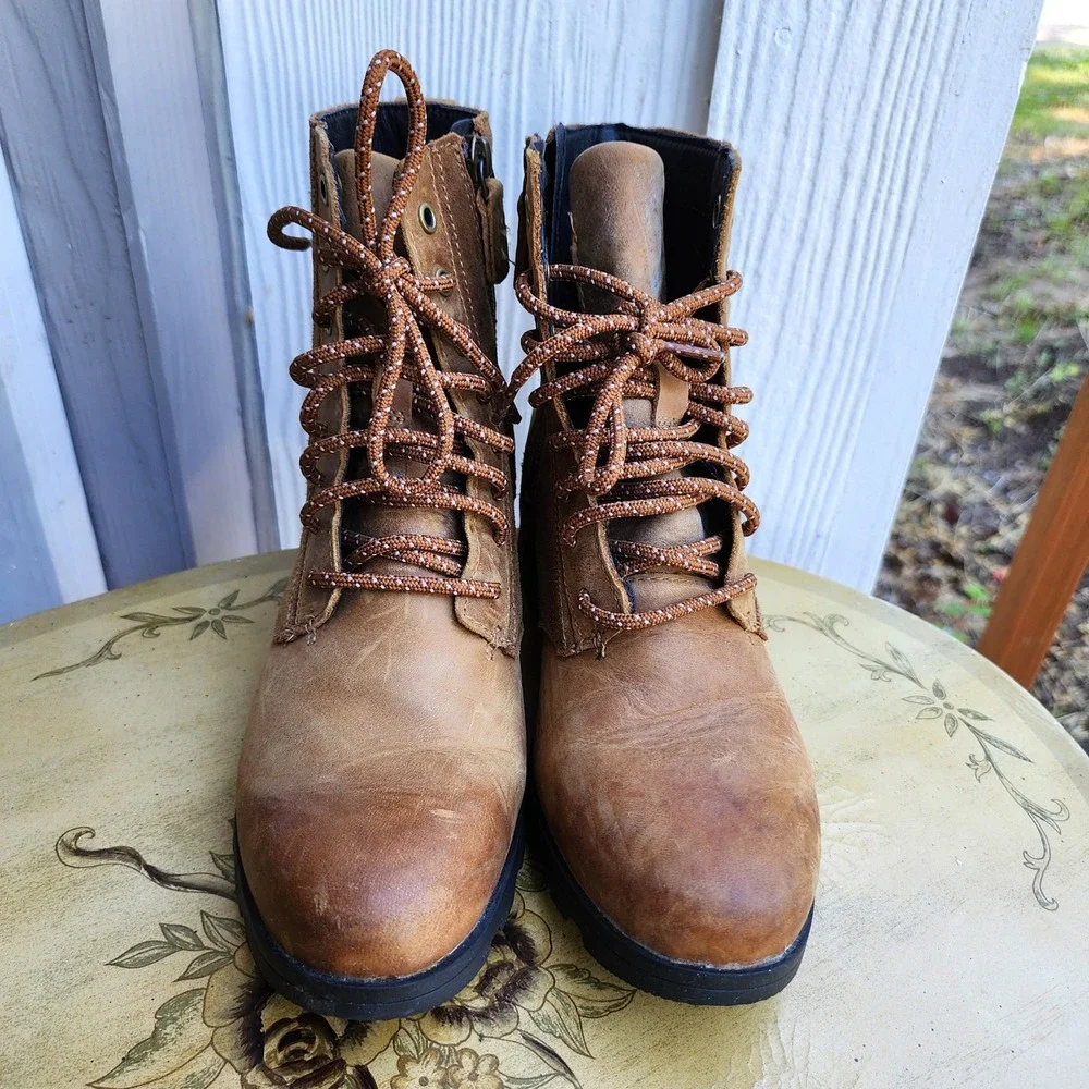 Sorel Sz 7.5 Brown Leather Emelie Short Lace Waterproof Boots Moto NL3310-224